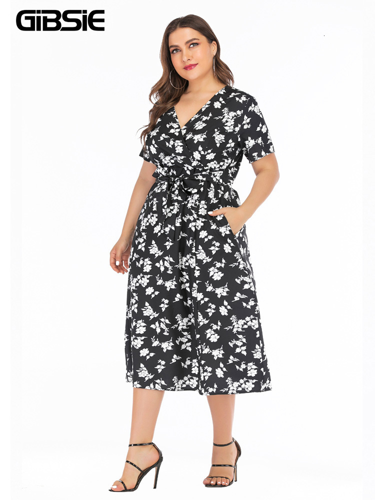 Casual Dresses GIBSIE Surplice Neck Casual Belted Dress Summer Holiday Boho Print Women Long Dresses 6xl 5xl Plus Size Pocket A-Line Dress 230316