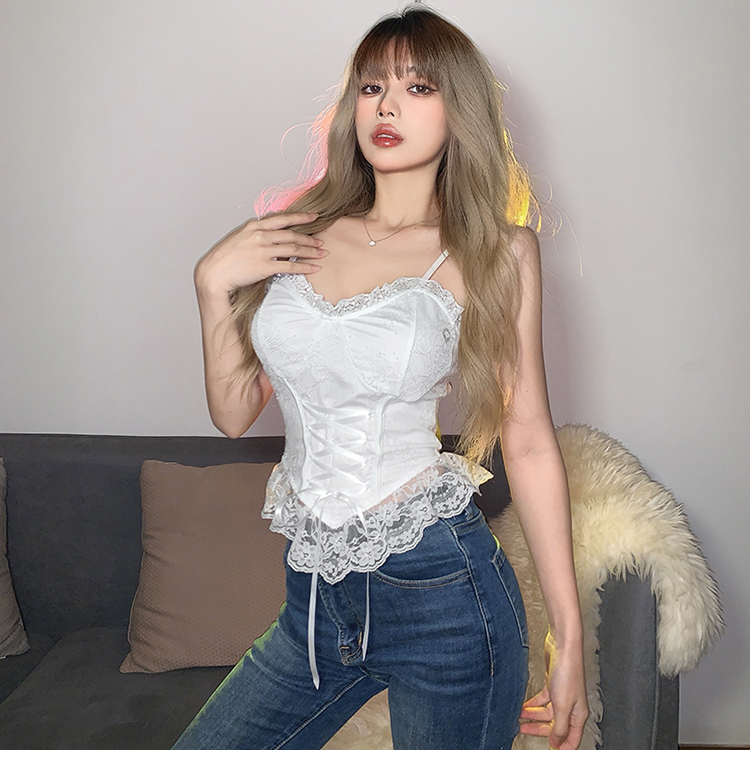 Womens bandage spaghetti strap white lace slim waist bustier tanks camis