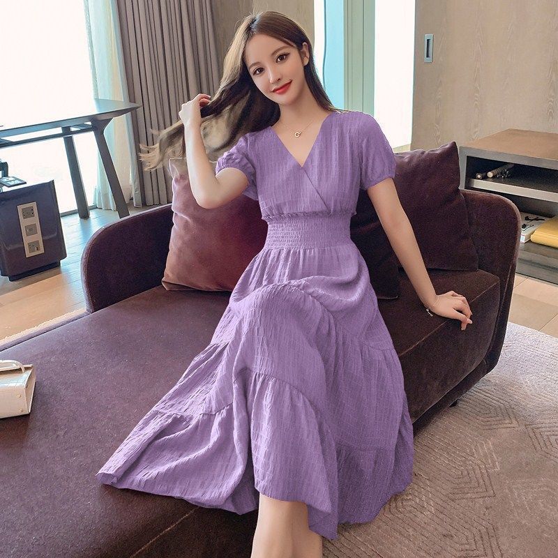 Casual Dresses French V-neck Ruffle Solid Chiffon Dress Fashion Women Fall Department Elegant Purple Sundress Casual Party Club Dress 230316