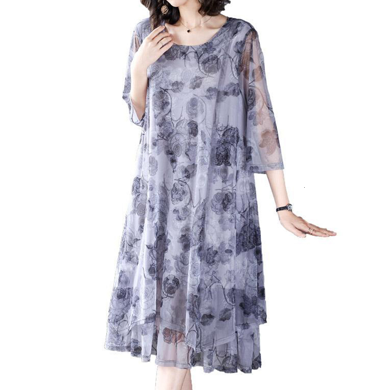 Casual Dresses Elegant Fashion Floral Printing Dresses Summer Three Quarter Sleeve Round Neck Loose Pullover Midi Dress Women Clothing 230316