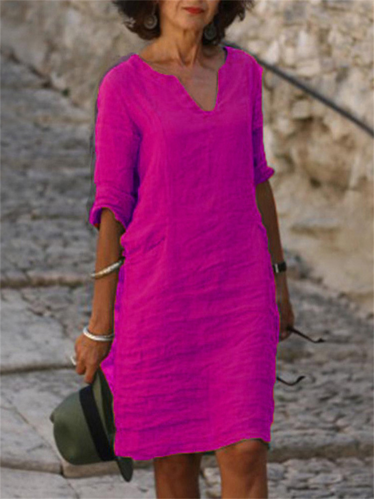 Casual Dresses Eotvotee Cotton Linen Dress 3 Quarter Vintage Casual V Neck Loose Waist Midi Beach Dress Women Clothing Green Blue Yellow Robe 230316