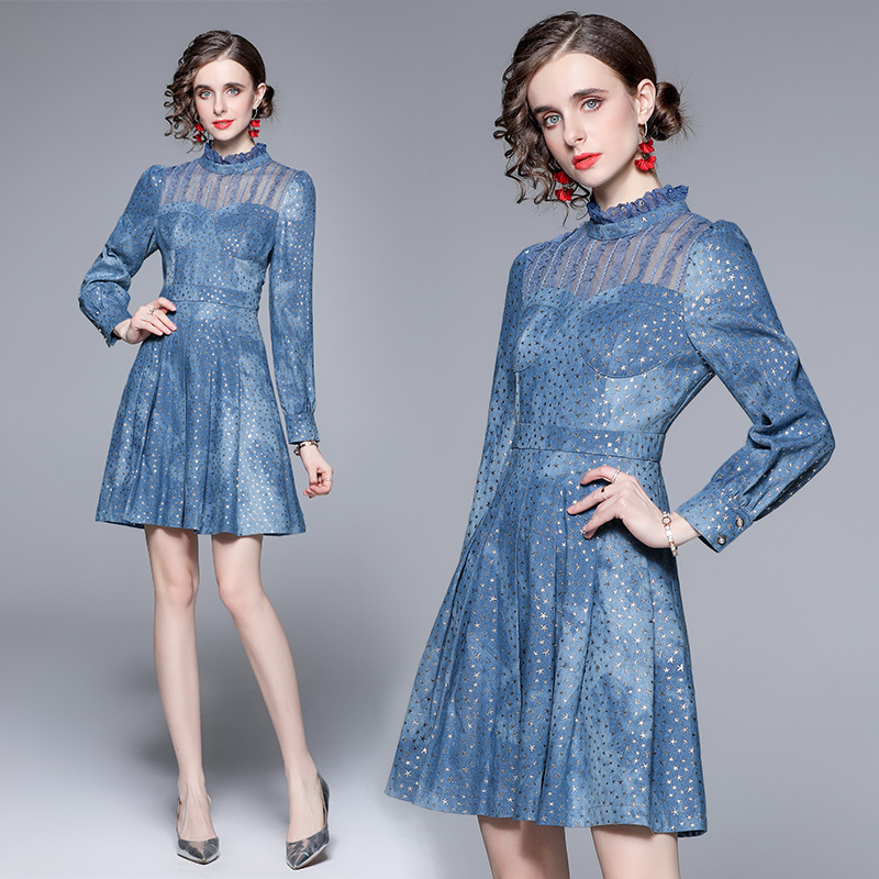 Casual Dresses Princess Dress Spring Stand Collar Long Sleeve Perspective Mesh Piece Receive Waist Puffy Big Swing Pentagram Denim Dress 230316