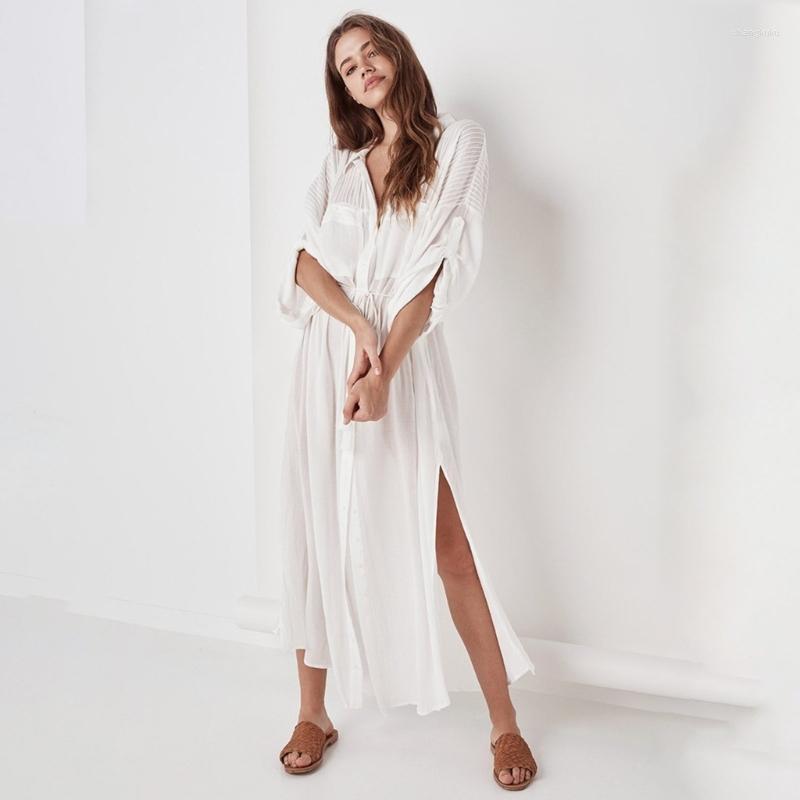 

Women's Swimwear Womens Cover Up For Beach Cotton Button Down Kimonos Cardigans Swimsuit Coverups Sexy Long Side Slit Beachwear