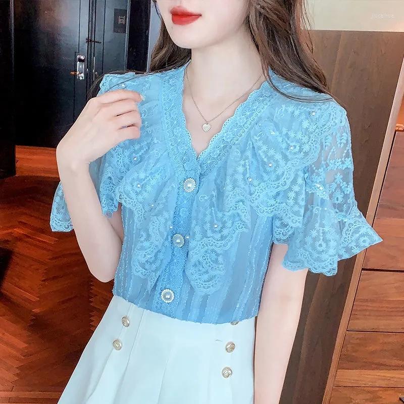 Women' Blouses Solid Button Up Lace Patchwork Blouse Women Ruffled V Collar Summer Tops Cute Fashion Pink Flare Short Sleeve Blusas, Sky blue
Women' Blouses Solid Button Up Lace Patchwork Blouse Women Ruffled V Collar Summer Tops Cute Fashion Pink Flare Short Sleeve Blusas, Sky blue