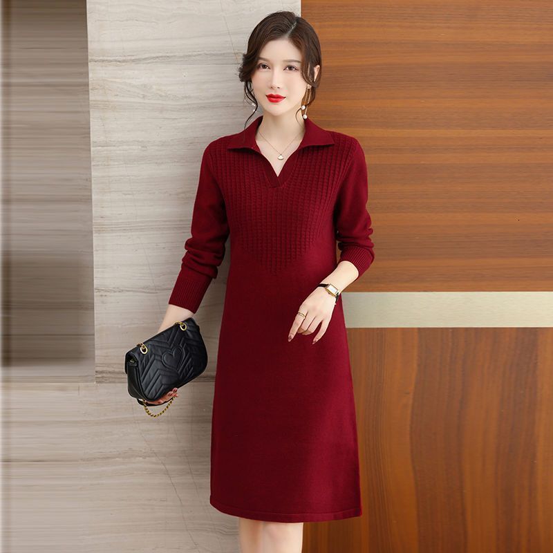 Casual Dresses Oversize Women Knitting Sweater Dress For Spring Autumn Casual Turn Collar Pullover Solid Patchwork Slim Female Dresses 230316