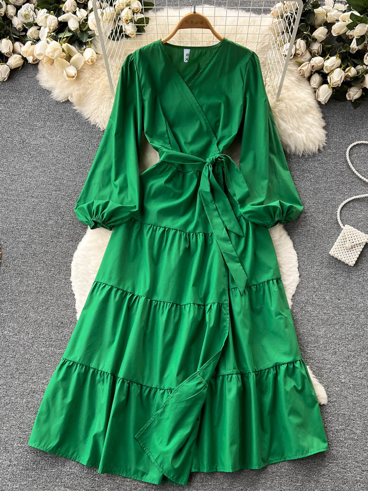 Casual Dresses Aibeautyer Casual Summer Solid Slim Full Lady Dress A Line Chiffon Puff Sleeve Pullover Mid-Calf High Waist Women Dresses 230316