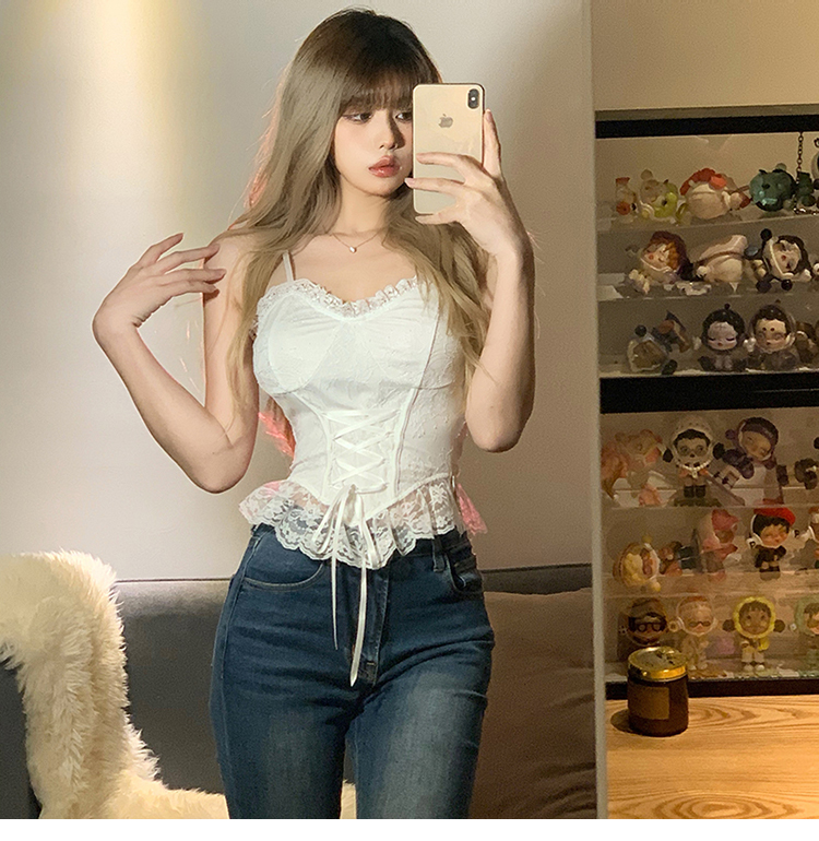 Womens bandage spaghetti strap white lace slim waist bustier tanks camis