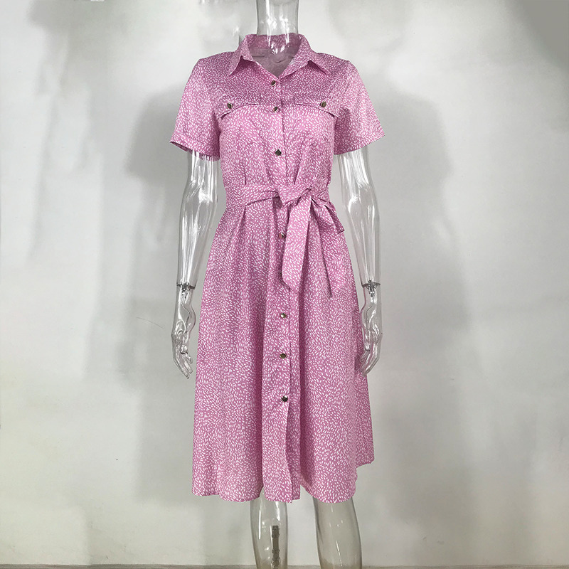 Casual Dresses Elegant Ladies Short Sleeve Button Bohemian Beach Dress Casual Summer Ladies Printed Single Breasted Belted Shirt Dress Fashion 230316