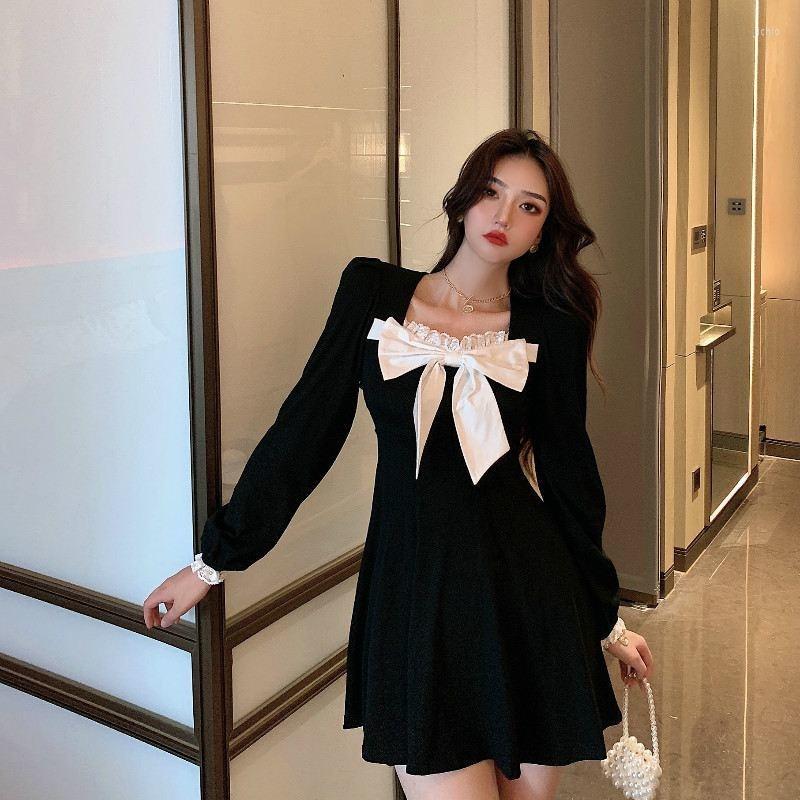 Casual Dresses Women Vintage Long Sleeve Korean Pleated A-line Elegance Sweet Bow Square Collar Lace Patchwork Mini Dress