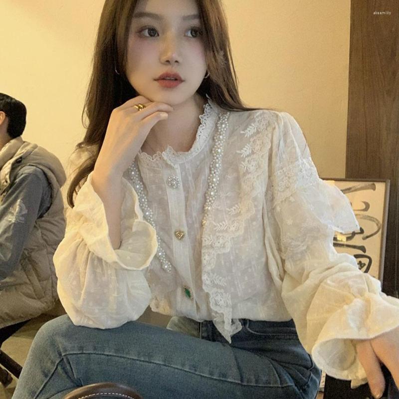 Women' Blouses Fashion Beading Women Sweet Flare Sleeve Blouse Ladies Spring Single-Breasted Shirts Female Embroidery Ruffle Cute Tops, Creamy-white
Women' Blouses Fashion Beading Women Sweet Flare Sleeve Blouse Ladies Spring Single-Breasted Shirts Female Embroidery Ruffle Cute Tops, Creamy-white