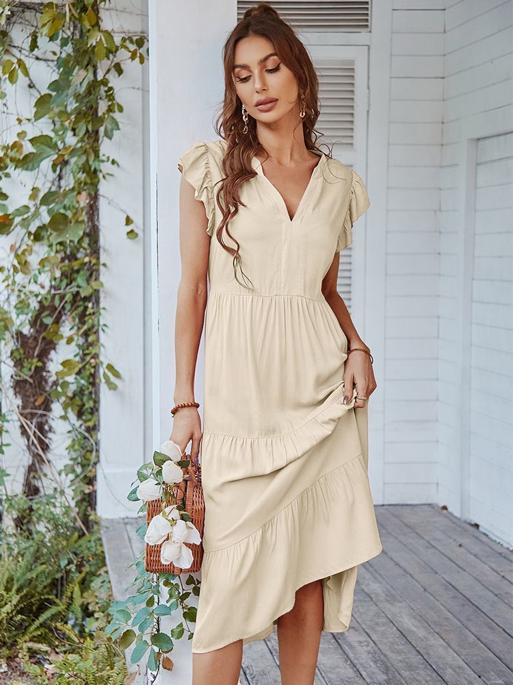 Casual Dresses Ladies Vintage Fashion Solid Long Dress Women Casual Slim Ruffles Office Lady Summer Women Dress Female Robe Vestidos De Mujer 230316