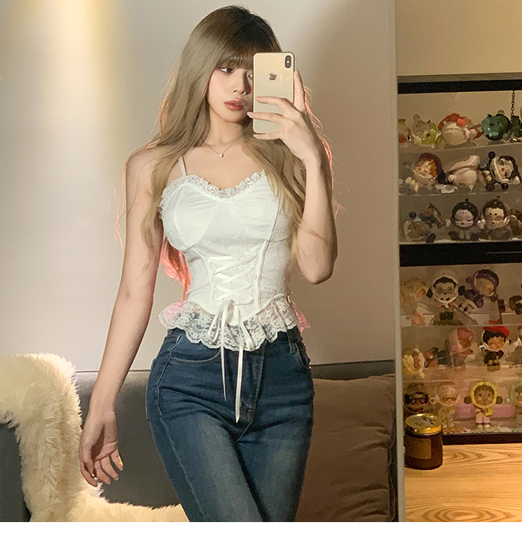 Womens bandage spaghetti strap white lace slim waist bustier tanks camis