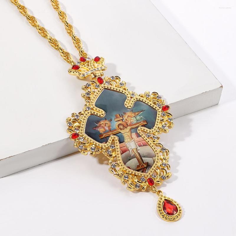 

Pendant Necklaces Religious Necklace Crown Pectoral Cross Orthodox Jesus Crucifix Crystal Men Women Chain Long With Box