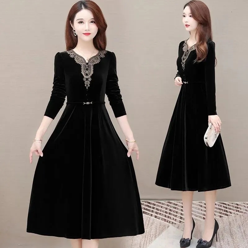 Casual Dresses Vintage Applique Velvet Party Dress Women Elegant Slim Long Sleeve A-Line Velour Dresses Spring Casual Knee-Length Vestidos 230316