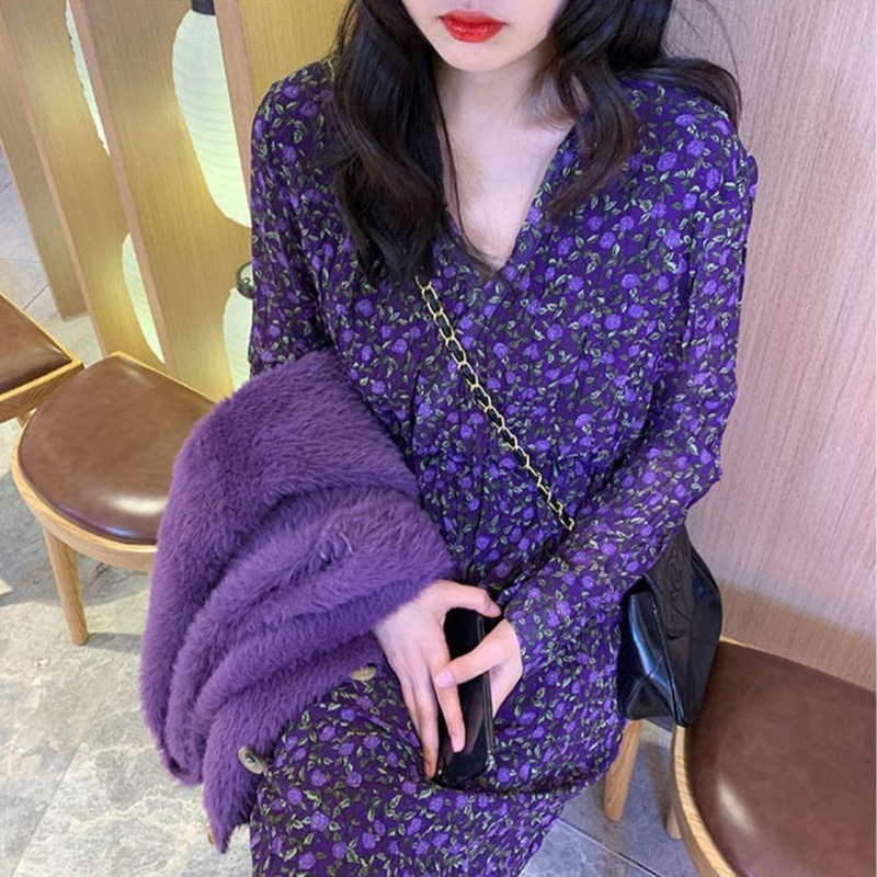 Casual Dresses Dresses Women Print Long Sleeve Casual V-neck Elegant All-match Spring French Style Vintage Feminino Chiffon Soft Purple Simple 230316