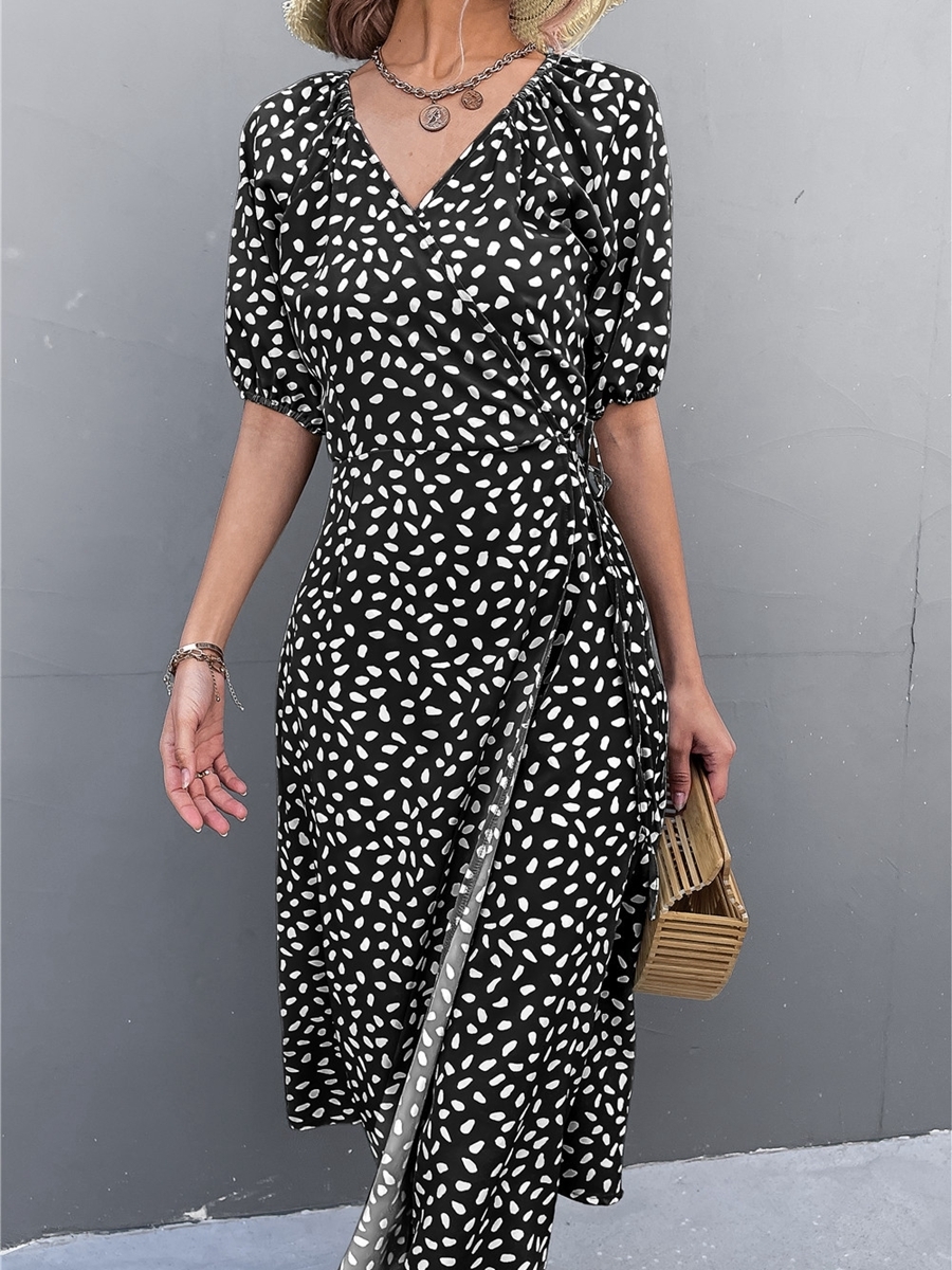 Casual Dresses Summer Wrap Dresses for Woman Short Sleeve V Neck Chiffon Dress Polka Dot Casual Fashion Streetwear Female Elegant Midi Dress 230316
