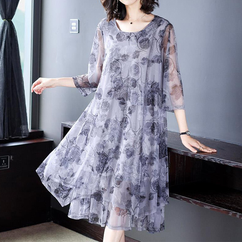 Casual Dresses Elegant Fashion Floral Printing Dresses Summer Three Quarter Sleeve Round Neck Loose Pullover Midi Dress Women Clothing 230316