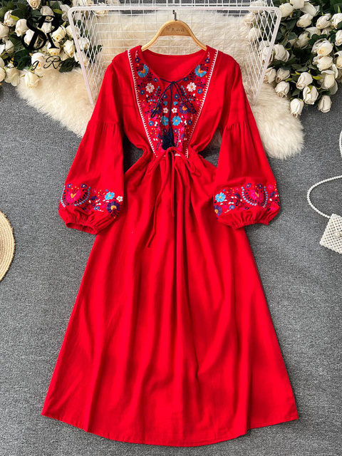Casual Dresses SINGREINY Embroidary Elegant Women Summer Dress Y2K V Neck Lantern Sleeves Slim Adjustable Waist Ladies A Line Long Dresses 230316