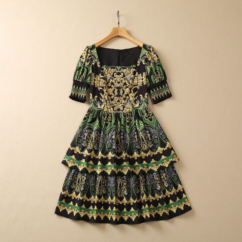 2023 Summer Black Paisley Print Beaded Cotton Dress Short Puff Sleeve Square Neck Rhinestone Short Casual Dresses S3M160316