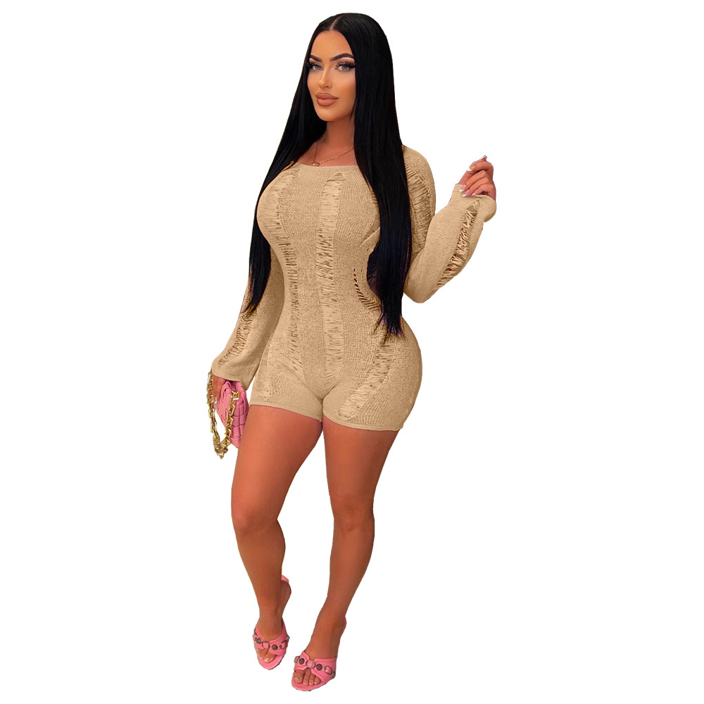 Wholesale Sexy Backless Knitted Short Jumpsuit Long Sleeve See Throught Rompers Night Club Outfits Women Clothing 9472