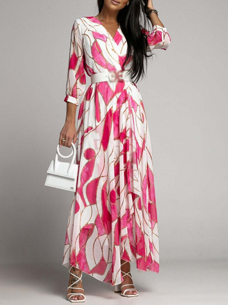 Casual Dresses Lady Elegant Summer Boho Print Irregular Long Dress Fashion Half Sleeve V Neck Chiffon A Line Dress Casual Office Women Dresses 230316