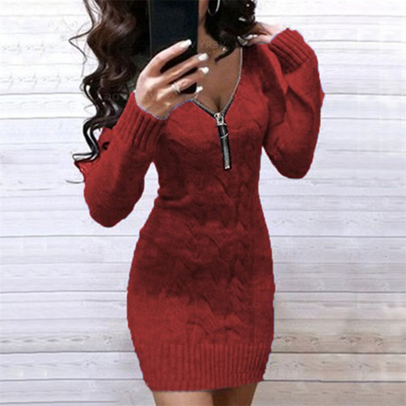 Casual Dresses Elegant V Neck Knit Sweater Dress Women Twist Pattern Solid Color Zipper Knitted Bodycon Dress Autumn Winter Long Sleeve Dresses 230316