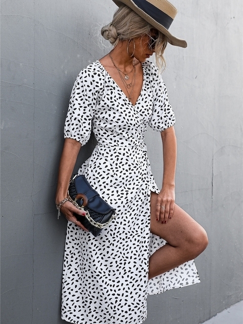 Casual Dresses Summer Wrap Dresses for Woman Short Sleeve V Neck Chiffon Dress Polka Dot Casual Fashion Streetwear Female Elegant Midi Dress 230316