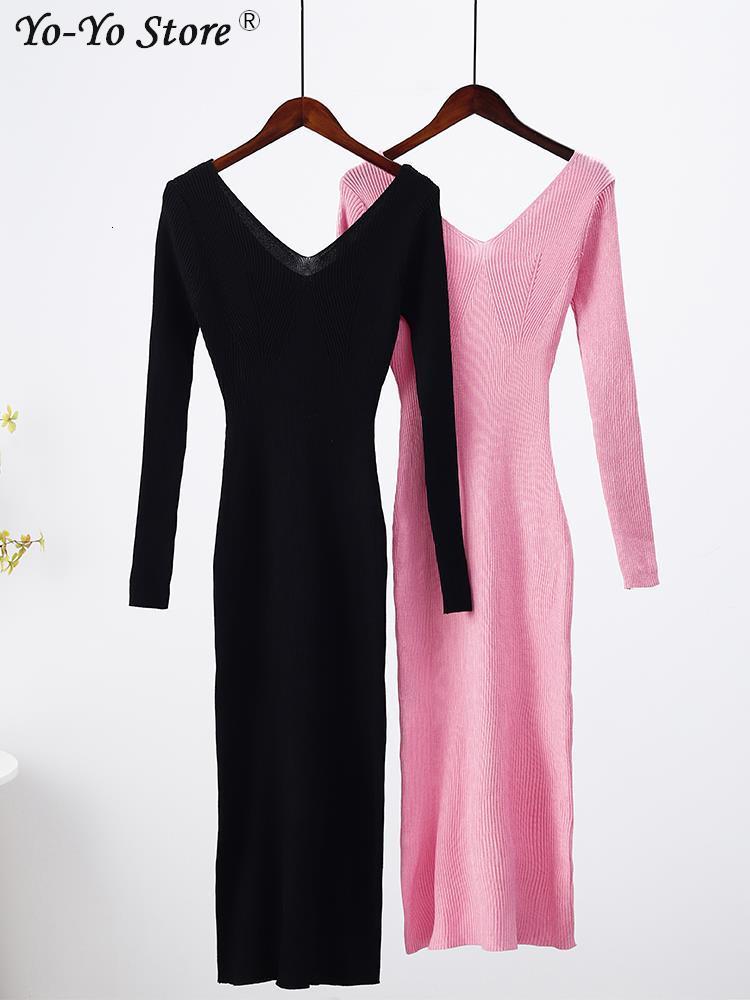 Casual Dresses Knit V-Neck Flared Sleeve Dress Women Solid Sexy Elegant Loose Long Female Dresses Autumn Casual Solid Ladies Vestidos 230316