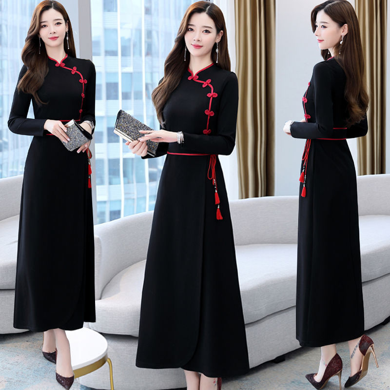Casual Dresses Vintage Chinese Style Elegant Women's Cheongsam Dress Comforta Casual Summer Sundress Long Sleeved Party Dress Office Robe 230316