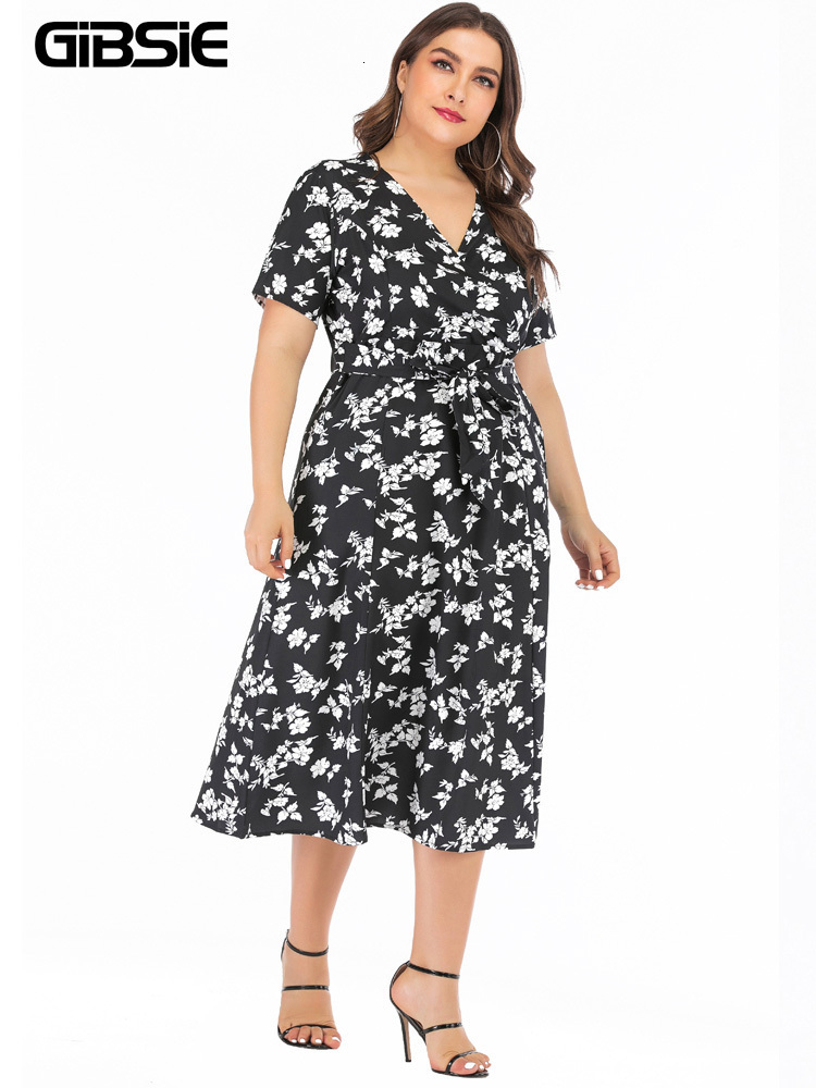 Casual Dresses GIBSIE Surplice Neck Casual Belted Dress Summer Holiday Boho Print Women Long Dresses 6xl 5xl Plus Size Pocket A-Line Dress 230316
