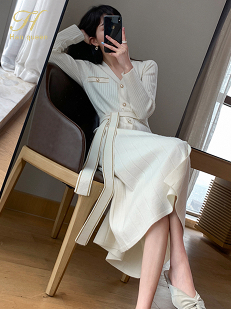 Casual Dresses H Han Queen Autumn Single-Breasted Casual Pullover Sweater Vestidos Elegant Simple Office Dress Women's V-Neck A-Line Dresses 2303