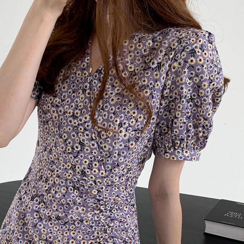 Casual Dresses Short Sleeve Dress Women Sweet Vintage Casual Elegant Ins Shirring Printed Floral Puff Sleeves Drawstring V-neck Vestido College 230316