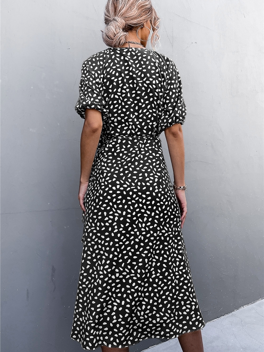 Casual Dresses Summer Wrap Dresses for Woman Short Sleeve V Neck Chiffon Dress Polka Dot Casual Fashion Streetwear Female Elegant Midi Dress 230316