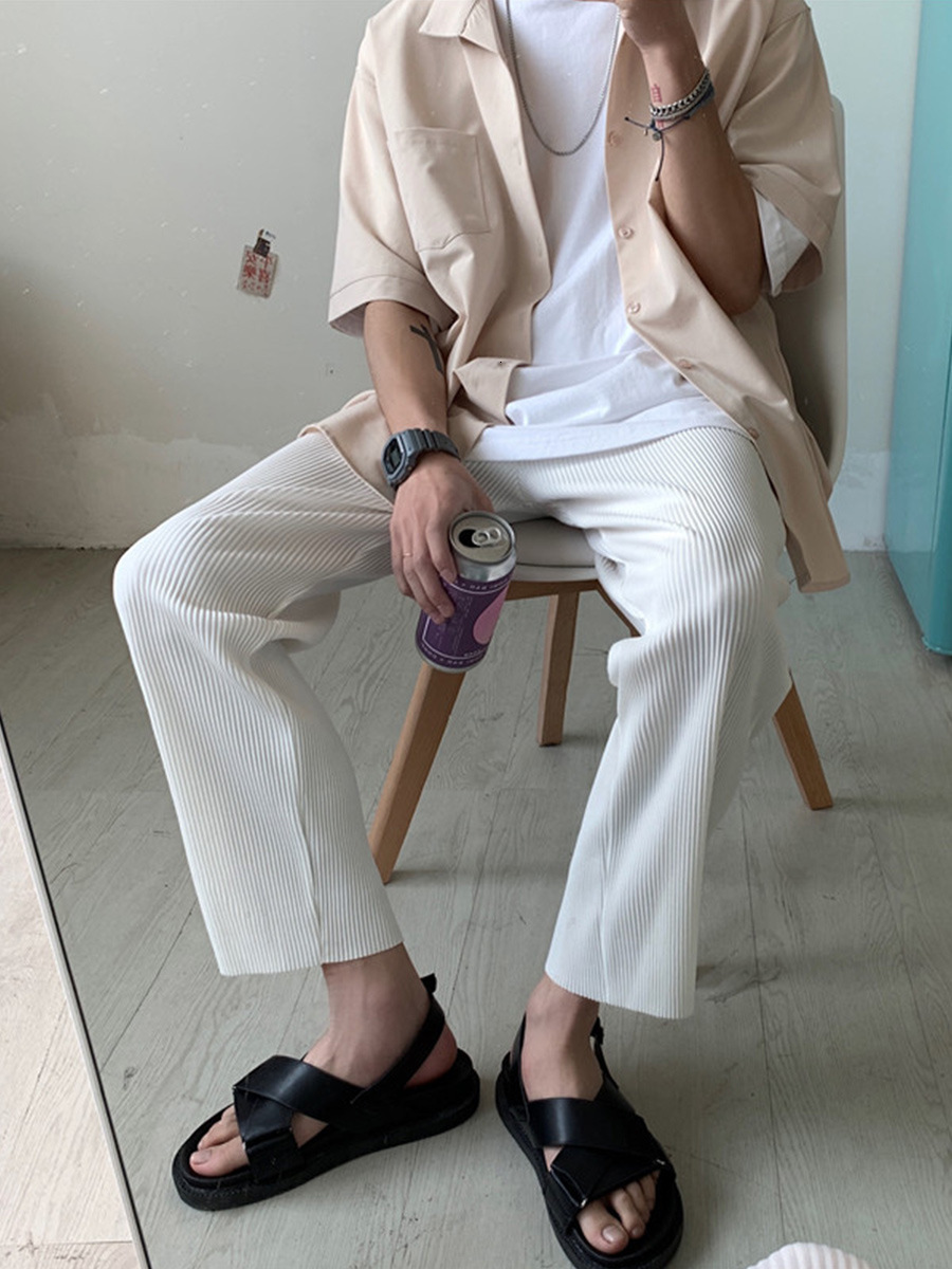 Men's Pleated Straight Pants Elastic Waist Casual Streetwear Loose Trousers Twill Grey Spring Summer