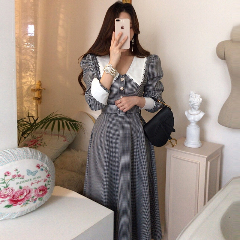 Casual Dresses Korean Chic Temperament Single-breasted Lapel Plaid Dress Sashes Slim High Waist Puff Long Sleeve Vestido Feminino Elegant Fall 230316