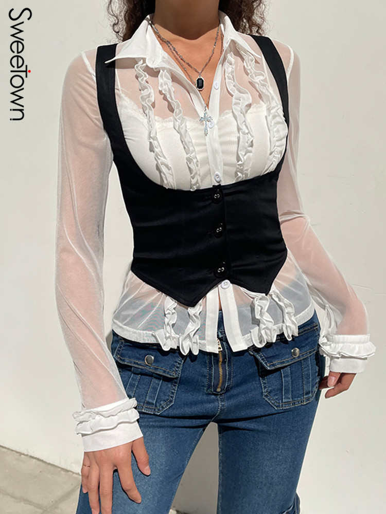 Women's Tanks Camis Sweetown Spring Summer Black Vest Tops Women Button Up Straps Corsets Sleeveless Slim Casual Streetwear Tanks Camis Gothic 230316
Women's Tanks Camis Sweetown Spring Summer Black Vest Tops Women Button Up Straps Corsets Sleeveless Slim Casual Streetwear Tanks Camis Gothic 230316