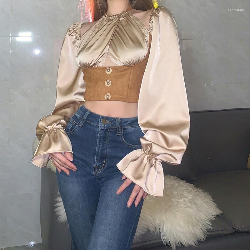Women' T Shirts Women' Elegant Crop Tops Halter Neck Cut-out Slim Patchwork Long Ruffles Lantern Sleeve Temperament Blouses Streetwear, Khaki
Women' T Shirts Women' Elegant Crop Tops Halter Neck Cut-out Slim Patchwork Long Ruffles Lantern Sleeve Temperament Blouses Streetwear, Khaki