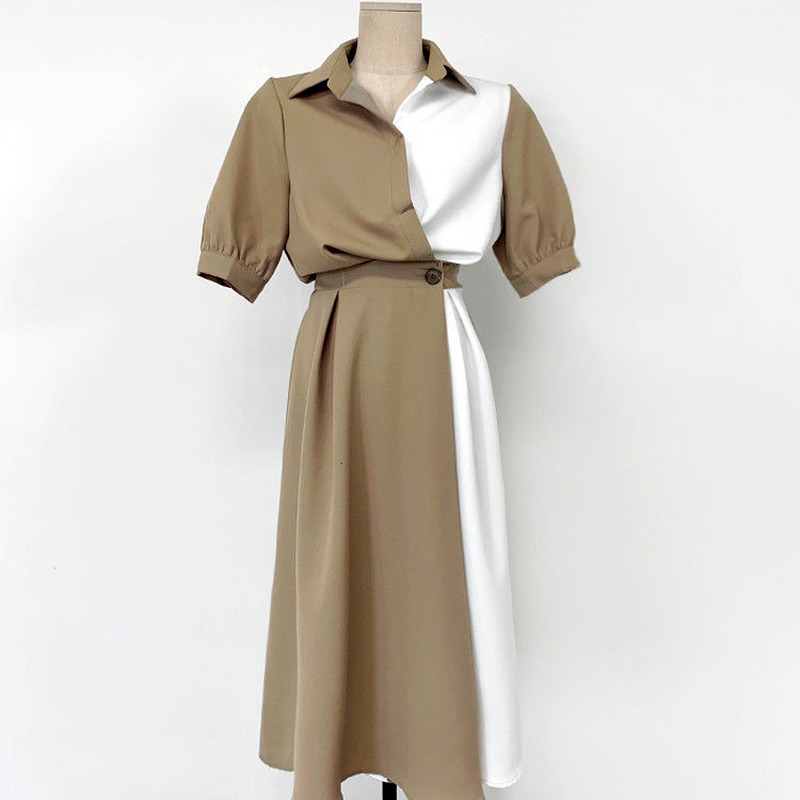 Casual Dresses Short Puff Sleeve Dress Women Patchwork Fashion Turn Down Collar Simple Korean Style Mid-calf Tunic Female All Match Ins 230316
