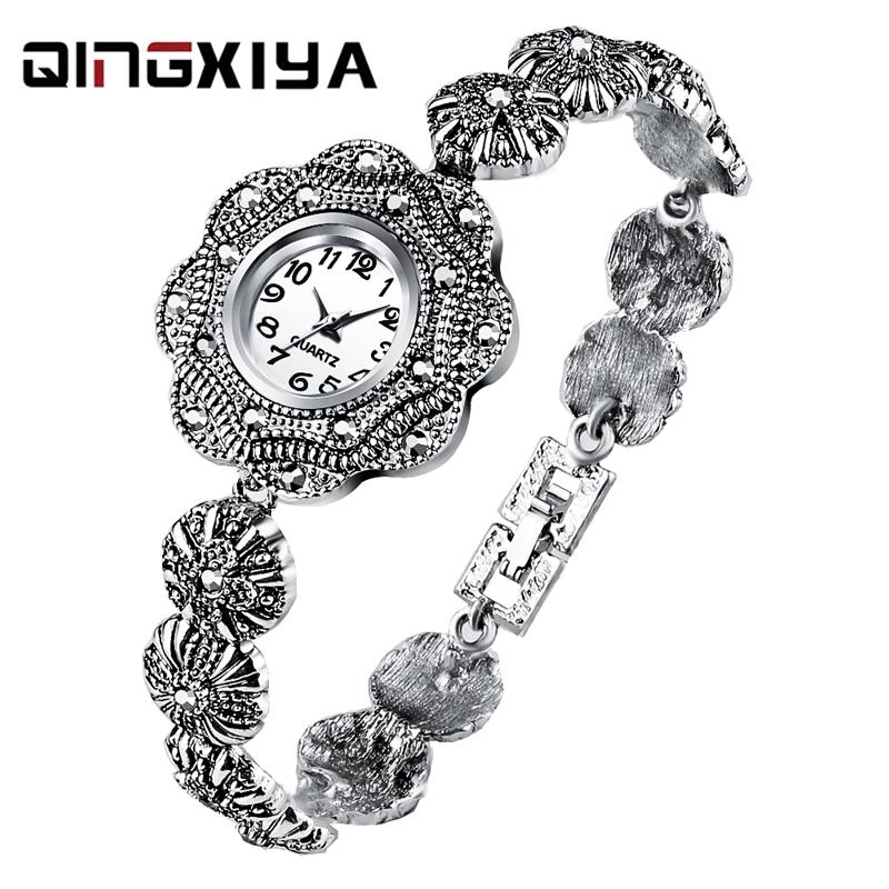 Wristwatches QINGXIYA Top Brand Fashion Ladies Bracelet Watch Lady Creative Casual Quartz Watches Women Gift Relogio Feminino, Ancient silver