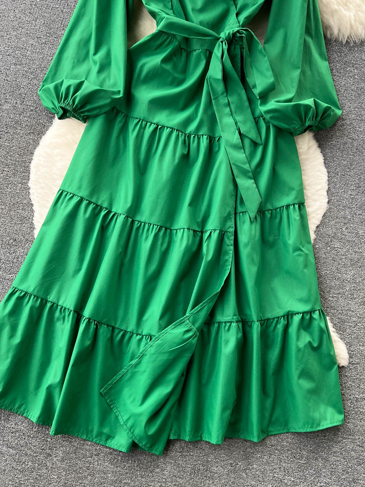 Casual Dresses Aibeautyer Casual Summer Solid Slim Full Lady Dress A Line Chiffon Puff Sleeve Pullover Mid-Calf High Waist Women Dresses 230316