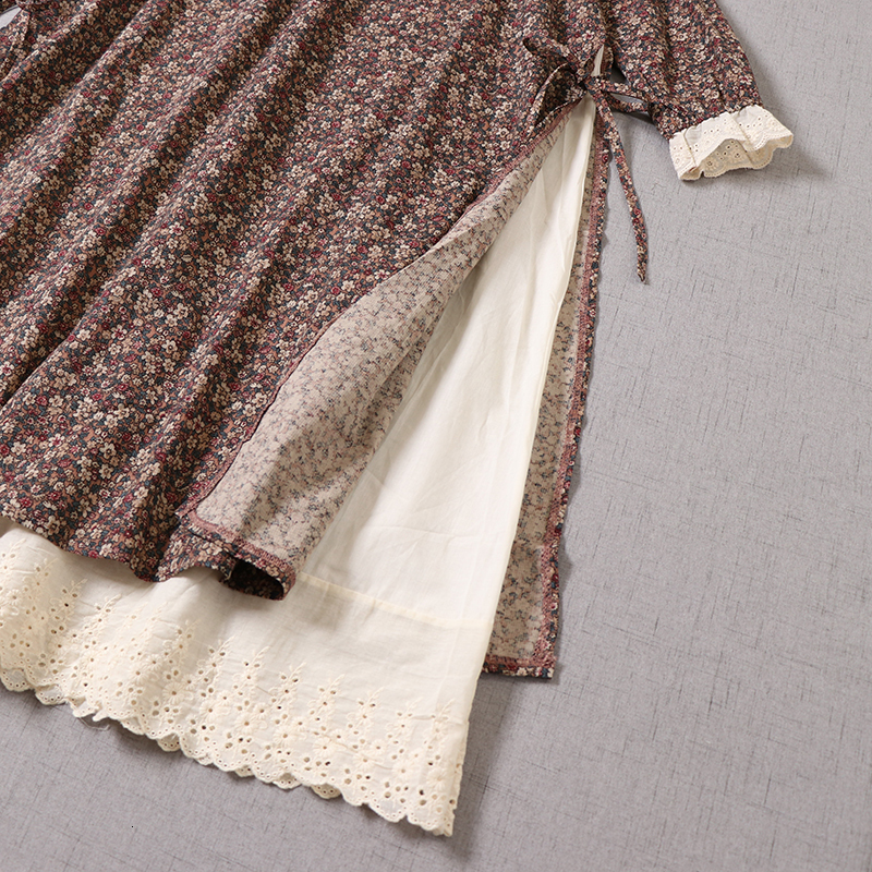 Casual Dresses Japanese Female Literary Printed Cotton Long Sleeve Dress Embroidery Autumn Midi Dress 230316