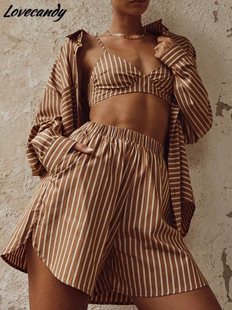 Women' Two Piece Pants Women' Tracksuit Stripe Shirt Shorts Three Piece Set Long Sleeve Top And Mini Shorts Outfit Female Summer Lady Suits 230316, Apricot
Women' Two Piece Pants Women' Tracksuit Stripe Shirt Shorts Three Piece Set Long Sleeve Top And Mini Shorts Outfit Female Summer Lady Suits 230316, Apricot