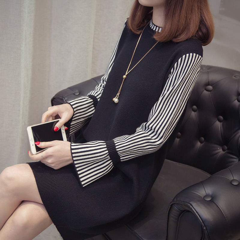 Casual Dresses Autumn And Winter Sweater Round Neck Dress Korean Version Of Loose Fashion Women Hedging Base Mid-length Knitted Dress 230316