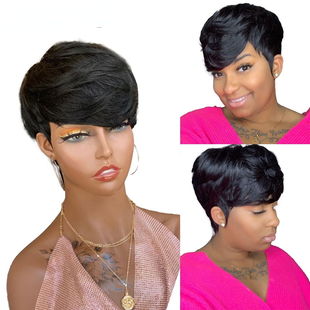 Short Black Pixie Cut Human Wigs Women Colored Lace Cheap Blonde 613 Ombre Brown Brazilian Remy Hair Wig With Bangs