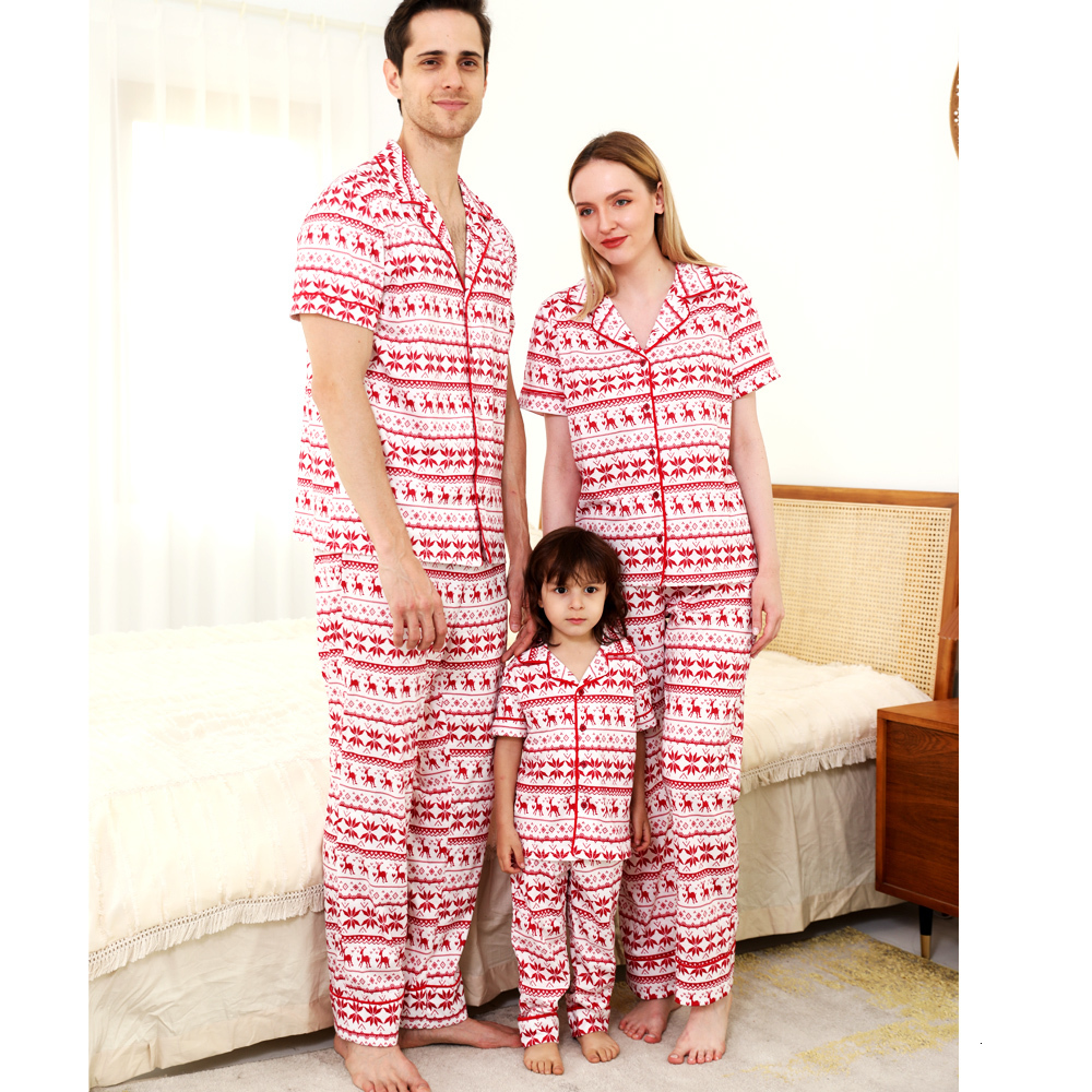 Family Matching Outfits High Quality Christmas Family Matching Pajamas Set Short Sleeve TopsPants 2 Pieces Sleepwear Casual Soft Thick Pyjama Xmas Loo