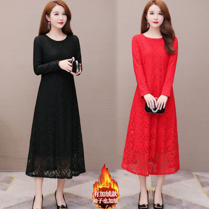Casual Dresses Spring and Autumn Long-Sleeved Lace Dress Large Size Dress Midi A- Line Dress Woman Dress Vestido De Mujer Femme Robe 230316