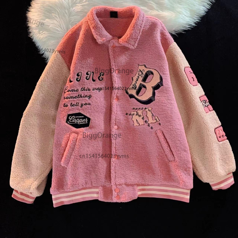 Women's Jackets Letter Embroidery Winter Clothes Women Jacket High Street Vintage Sherpa Coat Women Clothing Jackets Loose Jacket Women Tops 2303