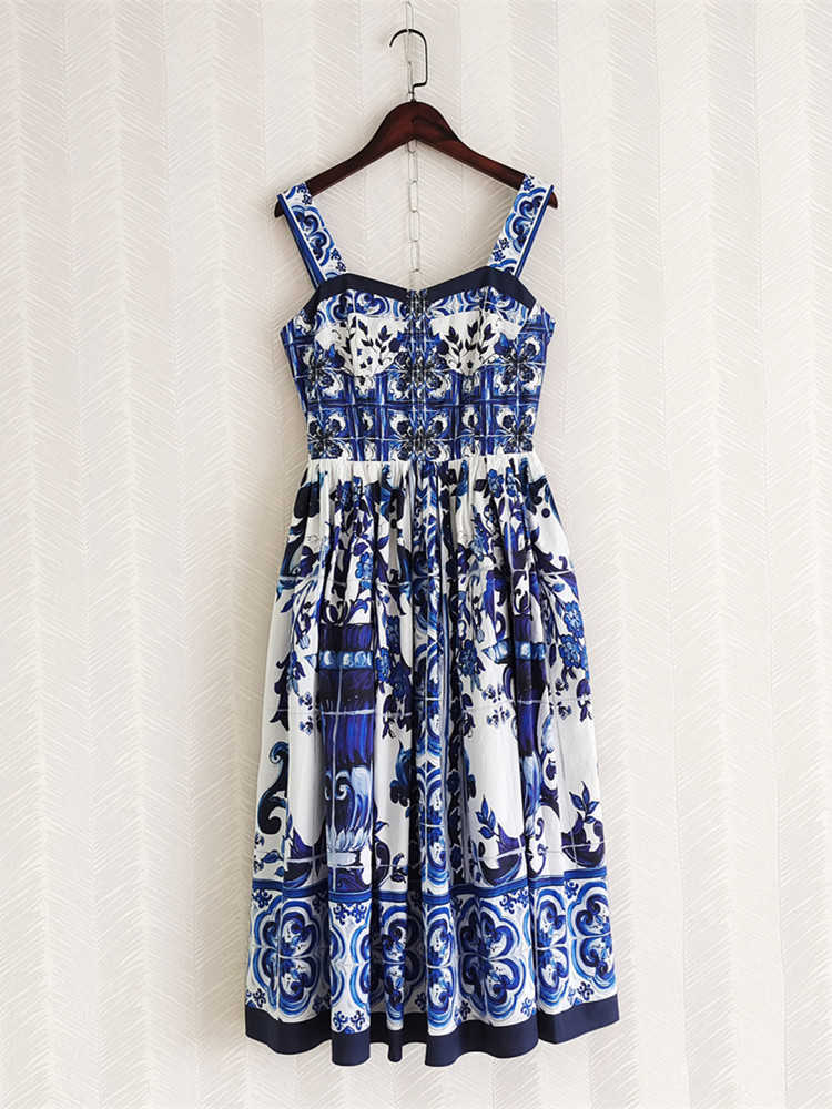 Casual Dresses Summer Hoiday Blue And White Porcelain Flower Printing Cotton Dress Women Spaghetti Strap Zipper Elastic Backless Midi Vestidos W0315