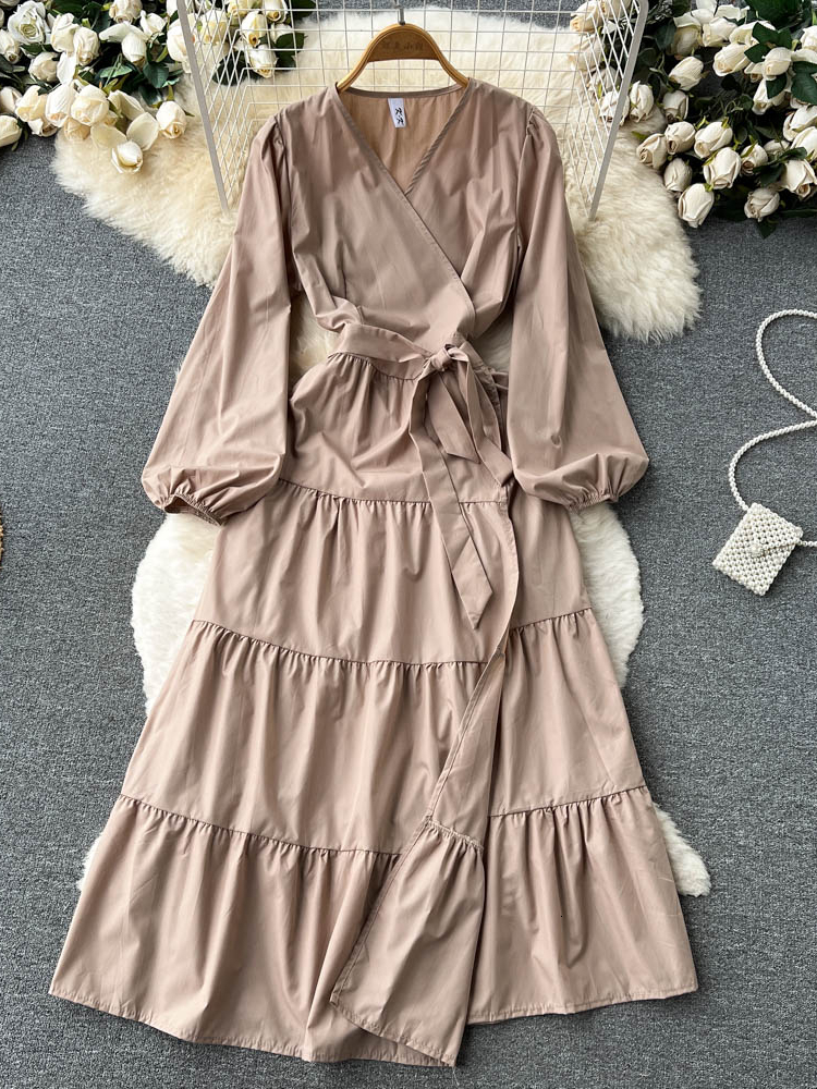 Casual Dresses Aibeautyer Casual Summer Solid Slim Full Lady Dress A Line Chiffon Puff Sleeve Pullover Mid-Calf High Waist Women Dresses 230316