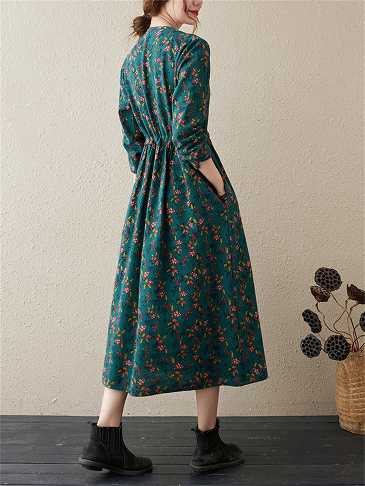 Casual Dresses Long Sleeve Cotton Linen Vintage Floral Print Dresses For Women Spring Autumn Casual Dress Robe Femme Elegant Clothing 230316